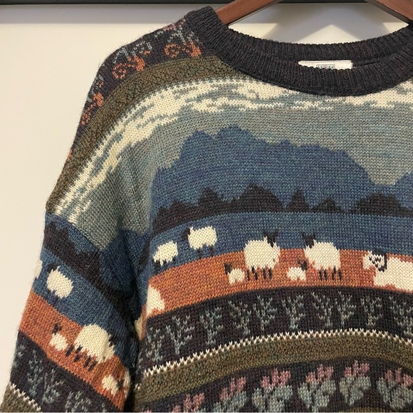 Vintage Cottagecore 100% Wool Sheep Lambs Sweater Countryside Mountains Nature - Picture 2 of 9